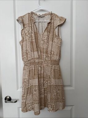 Beige Printed V-Neck Sleeveless Dress- Loft-PETITE